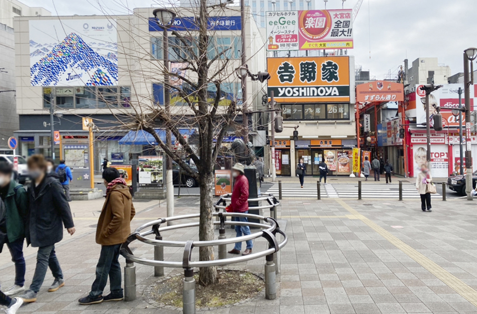 東口（北）出口を出て、「吉野家大宮東口店」前の横断歩道を渡り、左手にお進みください。